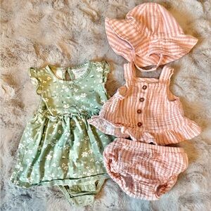 Carters Green Floral Dress and Pink Seersucker Outfit 9 Months